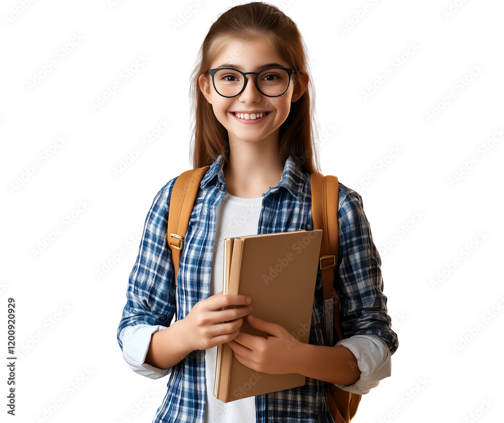 High school girl smiling and holding a book, transparent background PNG High school girl smiling and holding a book, transparent background PNG