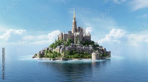 A majestic castle on an island surrounded by tranquil waters.