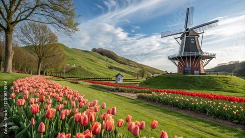 A stunning windmill against a backdrop of vibrant tulips and lush green hills, blooming flowers, tulip fields, scenic views