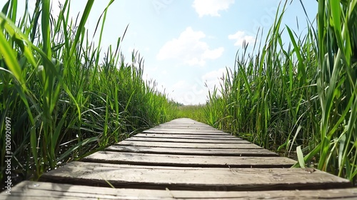 Wooden pathway through tall grass under a bright blue sky.