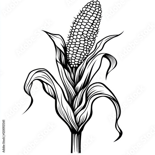 Ink corn stalk illustration, white background, farm harvest, food packaging design