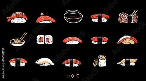 Sushi vector icons for Japanese seafood restaurant or menu design. Vector symbols of sushi rolls and salmon fish sashimi, noodles or miso soups and tempura shrimp with steamed rice and soy sauce photo