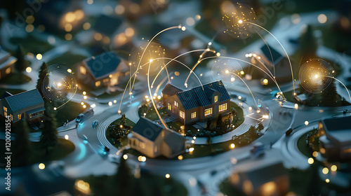 Smart home technology connects houses in rural neighborhood, showcasing fiber optic infrastructure
