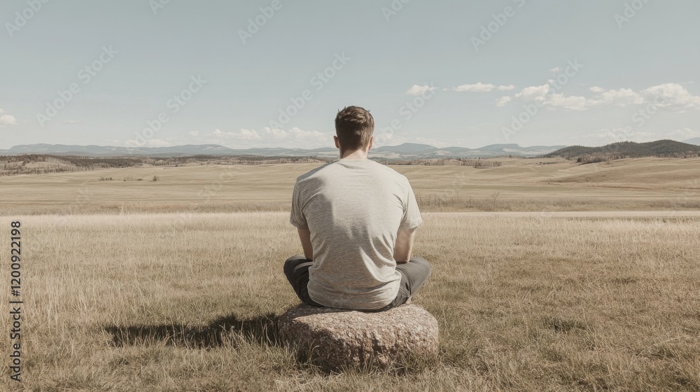 Man meditates outdoors, serene landscape. Man meditates outdoors, serene landscape.