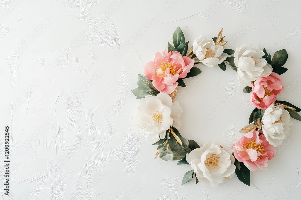 A clean and elegant invitation with a minimal gold-lined wreath of peonies, placed on a textured white background for a timeless feel. A clean and elegant invitation with a minimal gold-lined wreath of peonies, placed on a textured white background for a timeless feel.