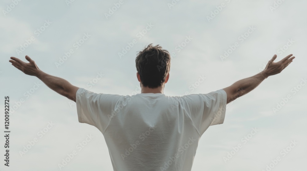 Man with arms outstretched, enjoying freedom and peace under a bright sky. Man with arms outstretched, enjoying freedom and peace under a bright sky.