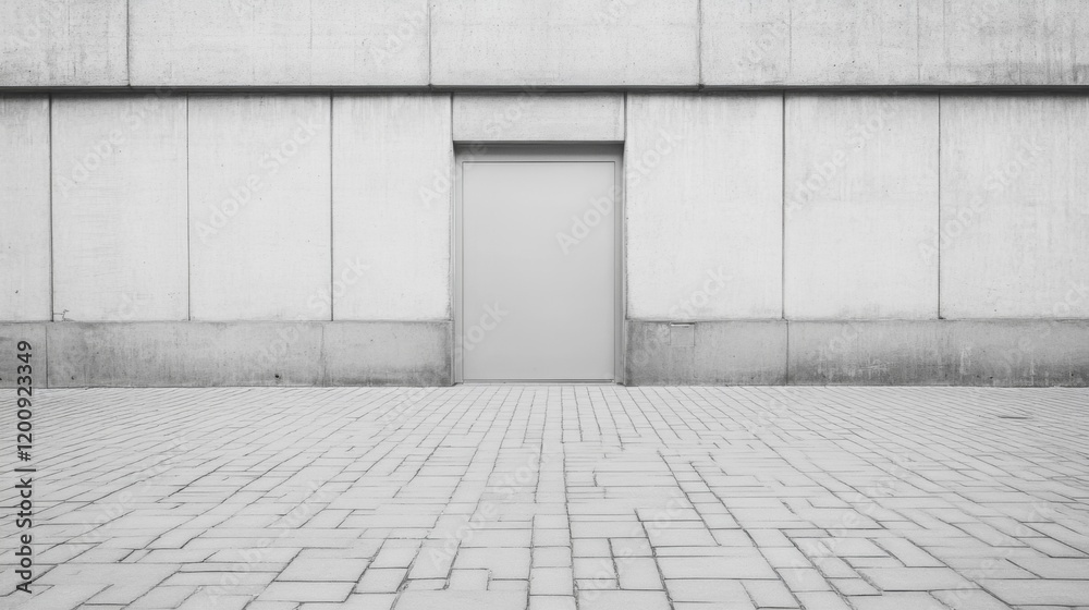 Fototapeta premium Monochrome image of a closed door in a concrete wall, paved ground.
