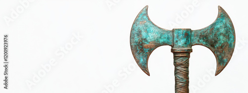 Ancient double-headed axe with weathered turquoise patina on ornate handle, symbolizing strength and history. photo