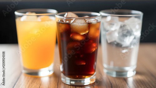 Wallpaper Mural Three glasses, one with orange juice, one with a dark soda and ice, and one with water and ice, are displayed on a wooden table. Torontodigital.ca