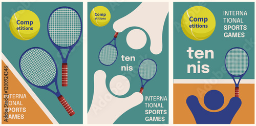 Set vertical lawn Tennis placard cover template design. International sport competition poster cover collection. Abstract Tennis player on court with Tennis ball racket. Vector for flyer. EPS 10