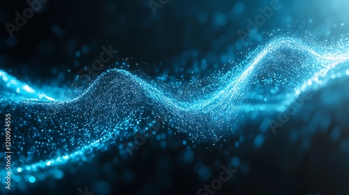 Abstract portrayal of bright blue music notes flowing along a vibrant digital sound wave symbolizing music