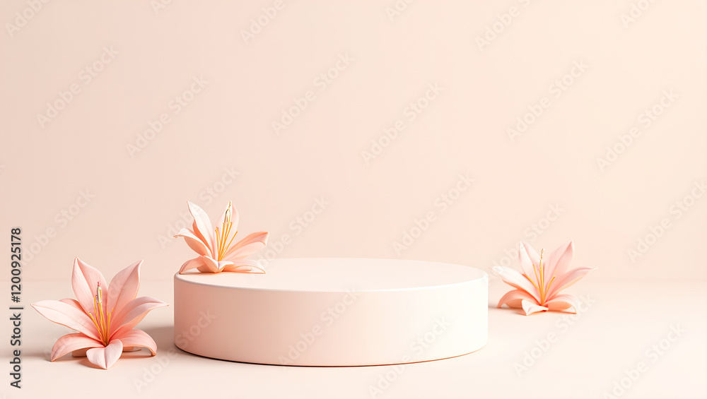 AI image Peach podium with three peach-colored lily flowers against a matching pastel background, suitable for product presentations or floral themes.