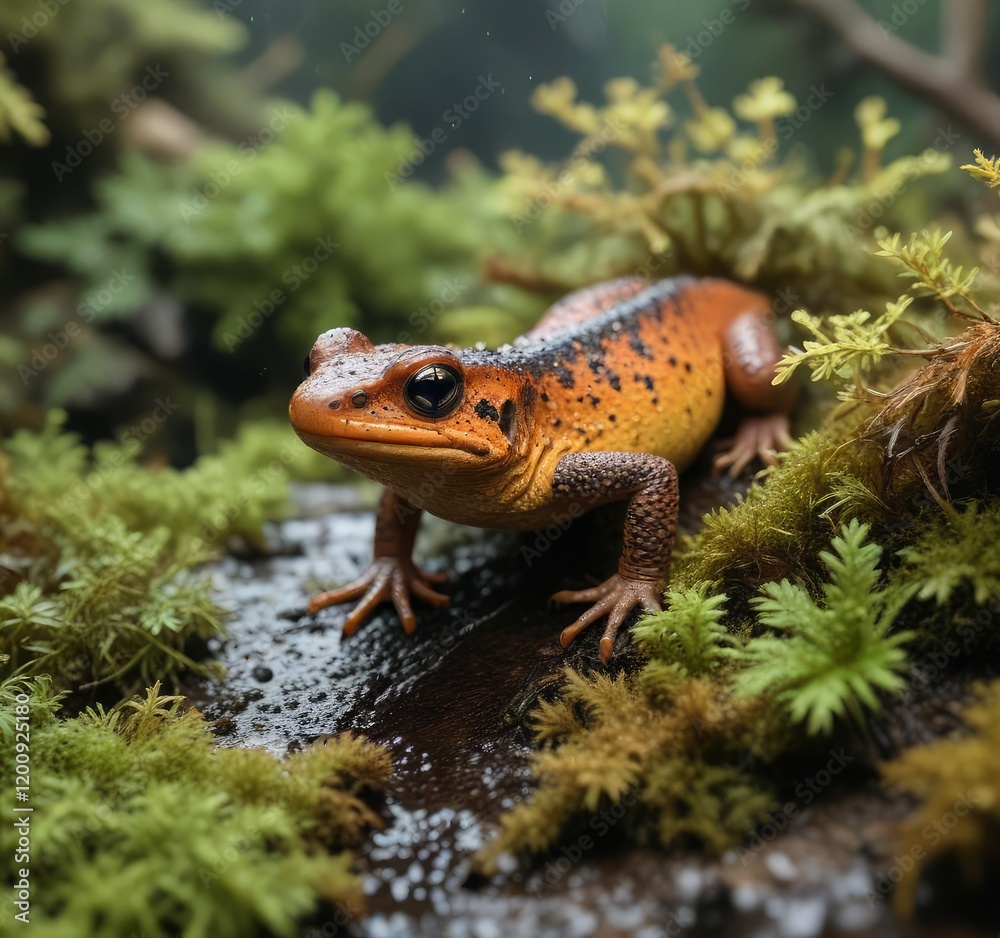 Fototapeta premium Alpine newt hiding among the lichen and mosses on a wet leaf , waterlogged ground, greenery