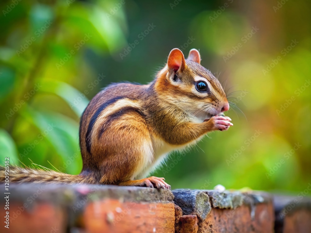 Adorable Chipmunk Grooming on Brick Wall - Candid Wildlife Photo Adorable Chipmunk Grooming on Brick Wall - Candid Wildlife Photo