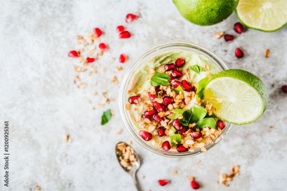 Toasted seeds cascade onto avocado cream in a vibrant culinary display Toasted seeds cascade onto avocado cream in a vibrant culinary display