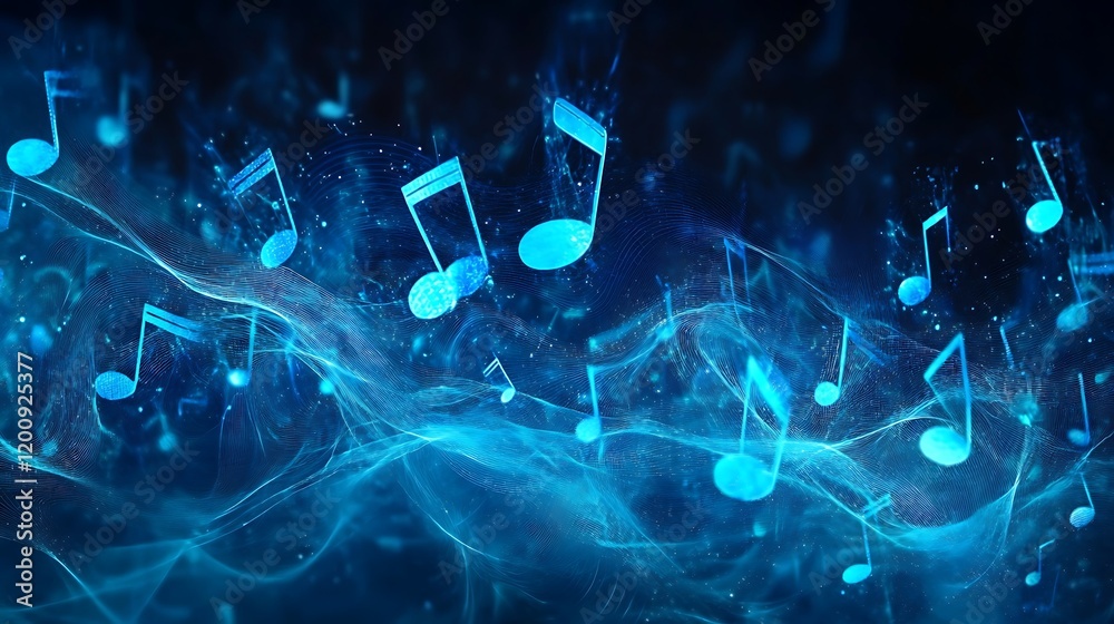 Obraz premium Bright blue music notes flowing through an intricate digital sound wave in a creative artistic composition