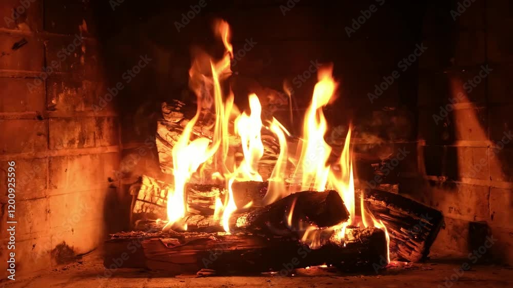 Fire burning in a fireplace, wood logs and flames. Warm home, heat. Christmas holiday