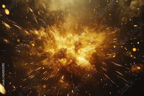 A cinematic firework effect showcasing a single golden explosion with glowing rays and drifting spark particles. photo