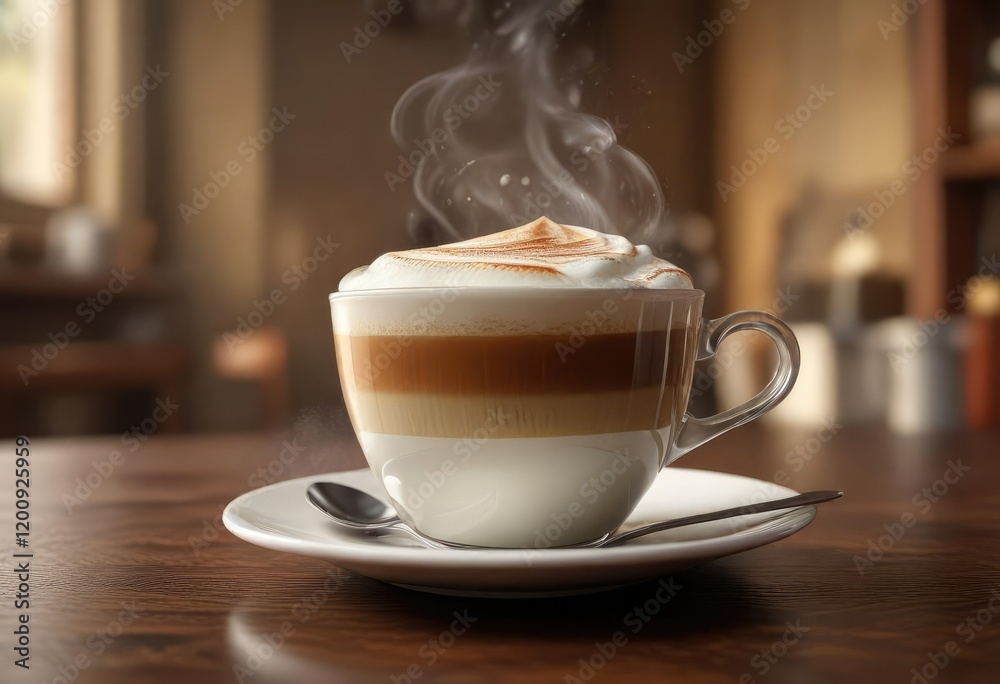 A steaming cup of frothy espresso coffee with a generous dollop of creamy foam on top, warm and comforting beverage, morning pick me up A steaming cup of frothy espresso coffee with a generous dollop of creamy foam on top, warm and comforting beverage, morning pick me up