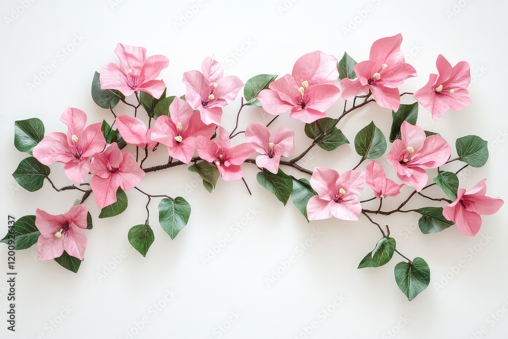 Fototapeta premium A clean, simple arrangement of fresh pink Bougainvillea flowers and green leaves on a pure white backdrop.