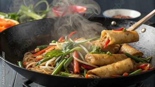 A steaming hot wok with fried spring rolls fresh vegetables and savory souse ingredients, spring rolls, , cooking station, fried