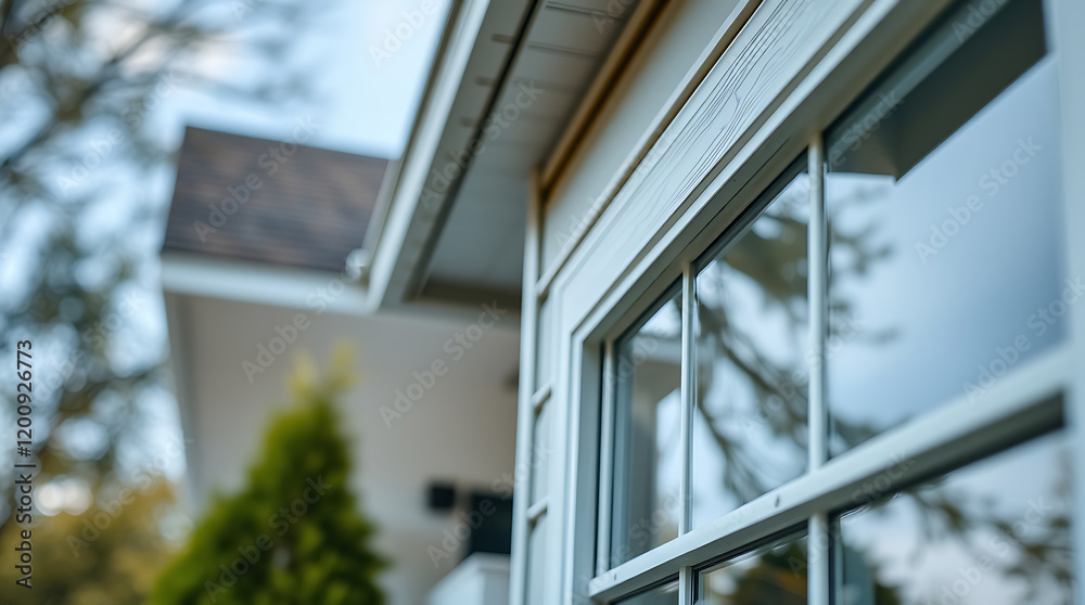 Modern House Exterior: White Window and Architectural Design. High-end Real Estate, Dream Home, New Construction