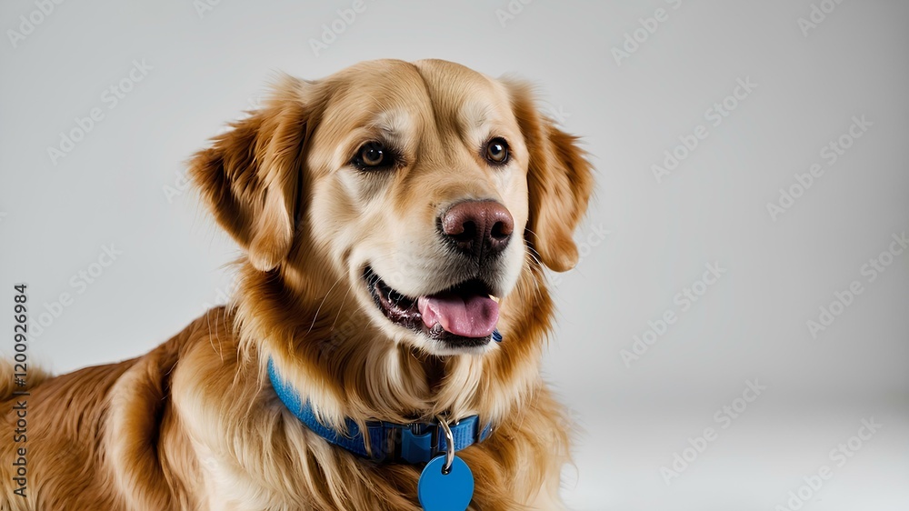 AI image featuring a golden retriever with a blue collar and a tag, its mouth slightly open, captured against a plain gray backdrop. AI image featuring a golden retriever with a blue collar and a tag, its mouth slightly open, captured against a plain gray backdrop.