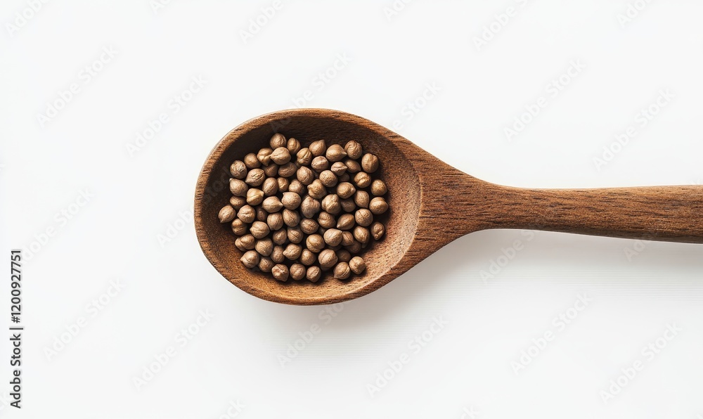 Coriander seeds in a wooden spoon on white background. Coriander seeds in a wooden spoon on white background.