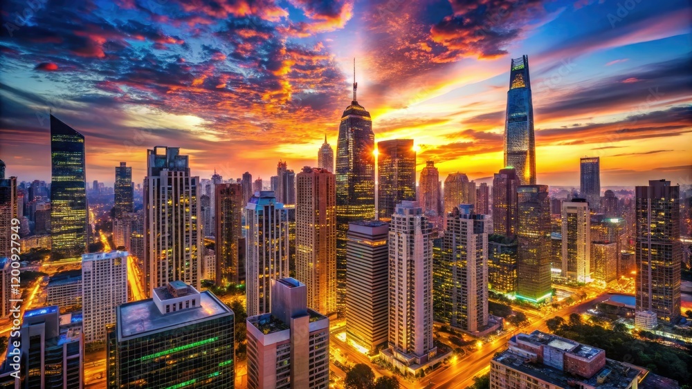 Obraz premium A vibrant cityscape at sunset with towering skyscrapers and bright lights, cityscape, futuristic