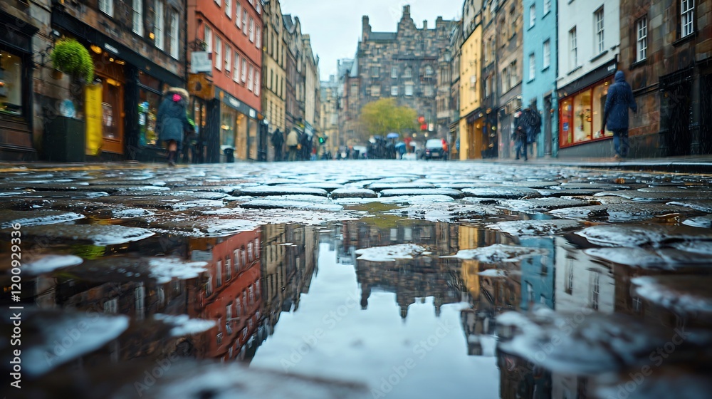 Fototapeta premium Rainy cobblestone street reflection in puddle.