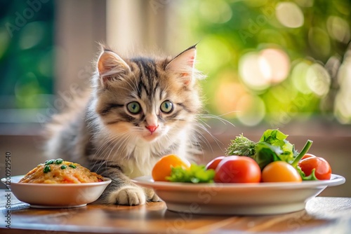 Adorable Kitten Posing with Delicious Gourmet Food,  Perfect for Pet Food Blog or Culinary Website