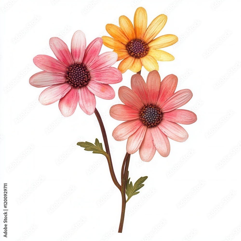 Three artificial daisies, isolated, white background, decor Three artificial daisies, isolated, white background, decor