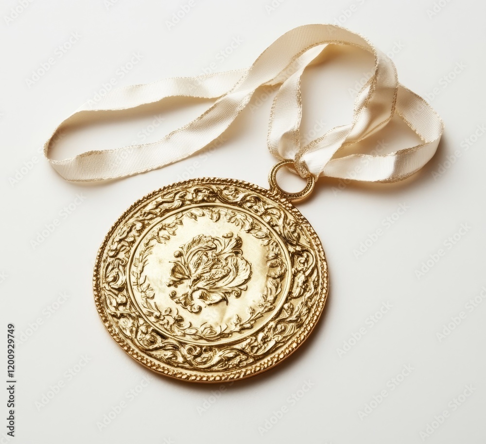 Gold medal with cream ribbon on white background. Gold medal with cream ribbon on white background.