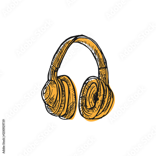 Vector cartoon doodle hand-drawn of headphone with orange fill color.