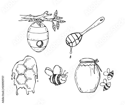 Cartoon illustration of bees, honeycomb, and honey vector element.