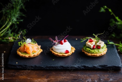 Mini tartlets with avocado lime mousse, cream cheese salmon, and kimchi tofu photo