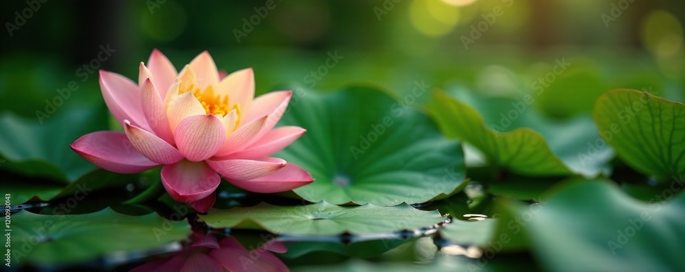 Fototapeta premium A golden lotus flower blooming in the water with green leaves, flowers, nature scenery