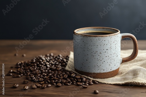 A clean and modern product photography image of a coffee mug, accompanied by a neat pile of grinded coffee beans. photo