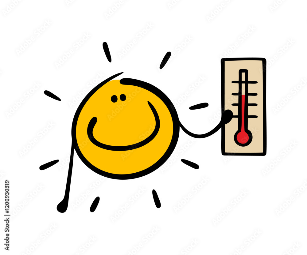 Yellow sun sparkles, smiles and shows the temperature on the thermometer. Vector illustration of a celestial body, summer weather, heat. Doodle character isolated on white background. Yellow sun sparkles, smiles and shows the temperature on the thermometer. Vector illustration of a celestial body, summer weather, heat. Doodle character isolated on white background.