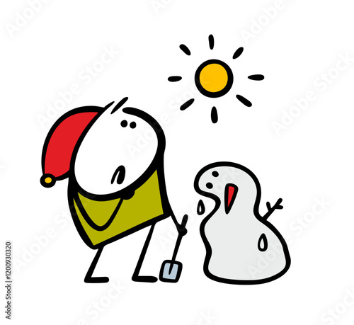 Boy in the red hat looks at the snowman in frustration. Vector illustration of the sun shining brightly, hot and snow melting. Spring child is suffering. Doodle character isolated on white background.