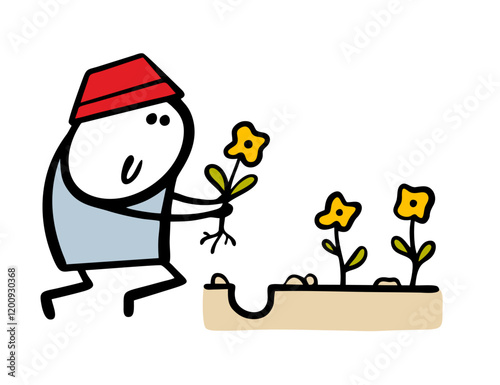 Cartoon happy gardener is on his knees and planting flowers in the ground. Vector illustration of stickman working in garden with plants. Spring nature. Doodle character isolated on white background.