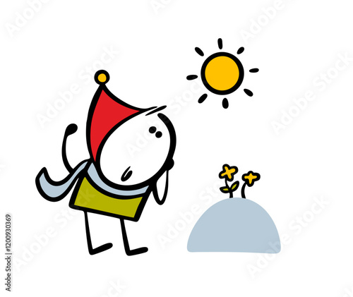 Child in winter clothes saw the first flowers. Vector illustration of stickman admiring plants in a snowdrift. Sun is shining brightly. Doodle character isolated on white background.