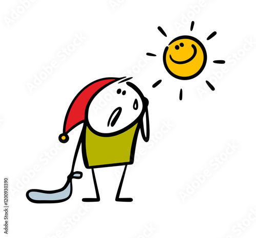Unhappy Christmas elf in a red hat stands and looks at the bright sun. Vector illustration, spring, empty bag and drops of sweat. Stickman suffers from heat. Doodle character isolated on white.