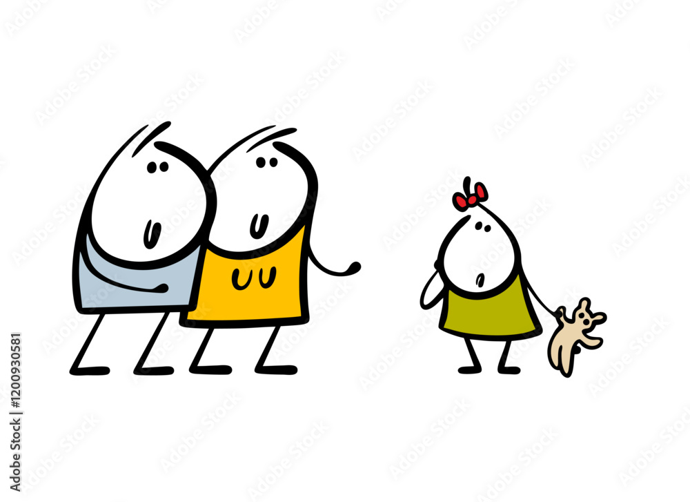Obraz premium Married couple meets a child. Vector illustration of a man and a woman adopting a girl. An adopted daughter with a soft toy looks incredulously at adults.