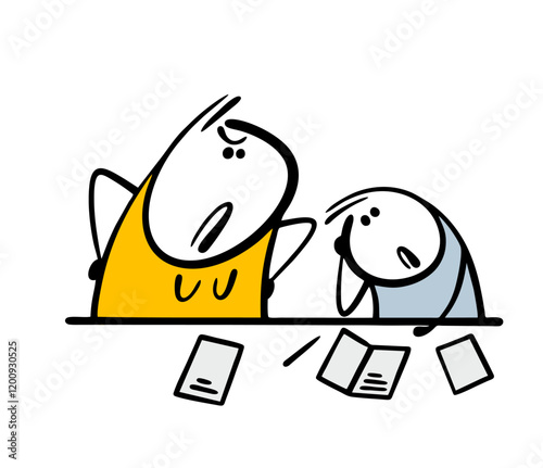 Unhappy child is doing his homework. A strict mother stands by and helps. Vector illustration of a family getting an education. A teacher and a student at school in class .Doodle characters.