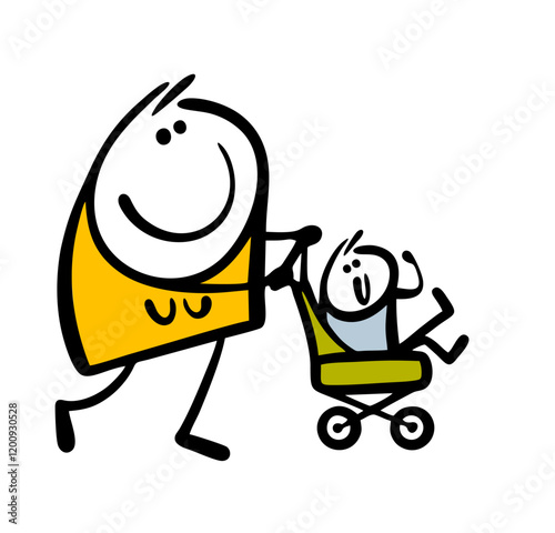 Young mother carries a happy little baby in a stroller. Vector illustration of a family with children. Walking on the street or in nature. Doodle character isolated on white background.