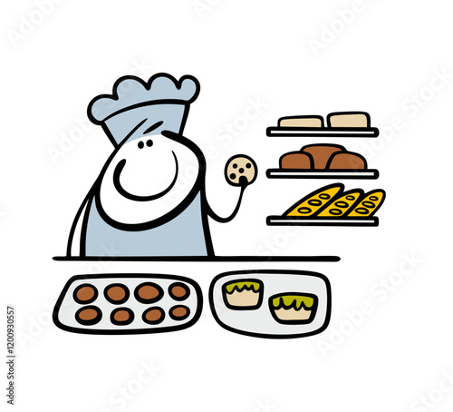 Cheerful baker stands behind the counter and eats cookies. Vector illustration of a pastry chef working in bakery, selling bread, cakes, pies and rolls. Doodle character isolated on white background.