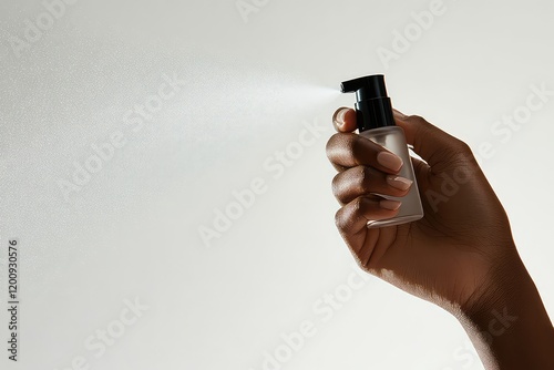 A clean and professional image of a womanâ€™s hand being sprayed with a cosmetic product, isolated on a white background. photo