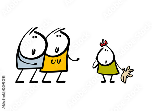 Married couple meets a child. Vector illustration of a man and a woman adopting a girl. An adopted daughter with a soft toy looks incredulously at adults. 