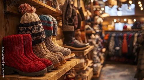 Cozy Winter Apparel: Hand-Knit Boots and Beanies on Wooden Shelves